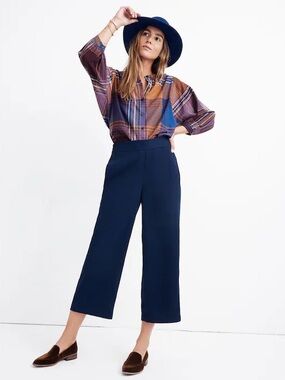 Madewell Women’s Deep Navy Blue Wide-Leg Cropped Pull-on Pants Size Small NWT
